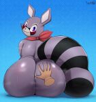  absurd_res an-tonio anthro anus big_butt blush bodily_fluids butt butt_grab digital_media_(artwork) disembodied_hand fur hand_on_butt hi_res indigo_park male mammal procyonid purple_eyes raccoon rambley_raccoon simple_background solo tail thick_thighs wide_hips 