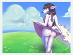  black_hair butt canid canine clothing cloud female flashing flower fox fox_spirit fox_tail grass hair hi_res looking_at_viewer looking_back mammal miki_(pppanth) plant pppanth purple_clothing solo white_body 