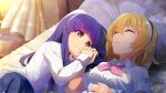  2girls bed blonde_hair breasts furude_rika highres higurashi_no_naku_koro_ni higurashi_no_naku_koro_ni_mei holding_hands houjou_satoko interlocked_fingers long_hair lying medium_breasts medium_hair multiple_girls non-web_source official_art on_back on_side pillow purple_eyes purple_hair school_uniform sleeping yuri 