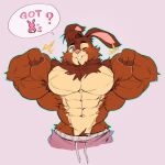 1:1 abs anthro barazoku big_biceps big_muscles bottomwear brown_body brown_fur brown_hair brown_pubes buckteeth cape_escape clothing crimsonrabbit dialogue flexing flexing_bicep flexing_biceps flexing_both_biceps flexing_muscles fur gnollplaying_games goose_(cape_escape) green_eyes hair hi_res himbo lagomorph leporid looking_at_viewer male mammal muscular muscular_male navel obliques one_eye_closed overly_muscular pants pecs pink_background pink_bottomwear pink_clothing pink_inner_ear pink_nose pink_pants pubes pubes_exposed rabbit serratus simple_background solo speech_bubble talking_to_viewer tan_body tan_fur teeth thick_pubes triceps wink winking_at_viewer