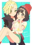  1boy 1girl ahoge bare_legs beanie black_pants black_shirt blonde_hair blush border carrying closed_mouth commentary_request gladion_(pokemon) green_background green_eyes green_shorts grey_eyes hands_up hat highres hood hood_down hooded_vest hoodie pants pokemon pokemon_sm red_hat selene_(pokemon) shirt short_hair short_sleeves shorts sumeragi1101 sweatdrop tied_shirt torn_clothes torn_shirt vest white_border yellow_shirt 