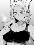  1girl adjusting_clothes animal_ears blush boku_no_hero_academia breasts collarbone crop_top greyscale highres large_breasts long_eyelashes looking_at_viewer madaosw medium_breasts mirko monochrome official_alternate_hairstyle parted_lips rabbit_ears rabbit_girl solo sweat tank_top twitter_username upper_body 