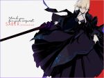  1girl artoria_pendragon_(fate) bad_id bad_pixiv_id black_dress blonde_hair breasts cleavage dress english_text excalibur_morgan_(fate) fate/stay_night fate_(series) holding holding_sword holding_weapon kibadori_rue looking_at_viewer medium_breasts saber_alter simple_background solo sword weapon yellow_eyes 