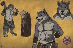  absurd_res anthro armor aryn_rundstrom beard beer_belly belly bracers canid canine chisel concept_art digitigrade dire_wolf extinct facial_hair fur fur_markings grey_body grey_eyes grey_fur hammer heterochromia hi_res kilt male mammal markings model_sheet musclegut muscular overweight overweight_male prehistoric_species secrets_of_uncrom smile solo tongue tongue_out tools uncrom valtalska valtalska_dercas woodcarving yellow_eyes yenocwolf 