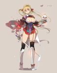 1girl blonde_hair blue_eyes breasts cleavage cleavage_cutout closed_mouth clothing_cutout crown empty_eyes grey_background highres holding holding_skull holding_sword holding_weapon kneehighs large_breasts pixiv_fantasia pixiv_fantasia_fallen_kings sakura_sora simple_background skull socks solo standing sword thighs twintails weapon 