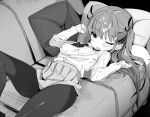  1girl blush breasts breasts_out couch cum cum_on_body cum_on_breasts cum_on_hair facial_hair greyscale highres long_hair lying miniskirt monochrome nipples on_back one_eye_closed open_clothes open_shirt original pantyhose pillow pleated_skirt skirt small_breasts smile solo takakura two_side_up 