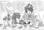  200_percent 2boys armor chopsticks clawed_gauntlets cloak closed_eyes cloud_strife cup diner eating final_fantasy final_fantasy_vii final_fantasy_vii_rebirth final_fantasy_vii_remake food food_on_face gloves greyscale headband holding holding_chopsticks long_sleeves male_focus monochrome multiple_boys noodles plate short_hair shoulder_armor single_bare_shoulder single_shoulder_pad sitting sketch sleeveless sleeveless_turtleneck spiked_hair turtleneck vincent_valentine 