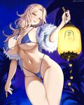  1girl :d absurdres bikini blonde_hair blue_bikini blue_nails blush breasts cameltoe cleavage goddess_of_victory:_nikke highres lantern long_hair looking_at_viewer ludmilla_(nikke) ludmilla_(winter_owner)_(nikke) mature_female navel open_mouth smile solo swimsuit ultrabinou yellow_eyes 