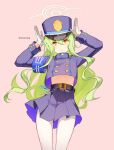  ark_john_up blue_archive gloves green_hair green_halo halo hat highres hikari_(blue_archive) long_hair long_sleeves pantyhose peaked_cap pointy_ears white_gloves white_pantyhose yellow_eyes 