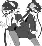  1girl black_hair black_suit bow-shaped_hair callie_(splatoon) greyscale highres inkling long_hair mole mole_under_eye monochrome mt38lg object_on_head open_mouth pantyhose splatoon_(series) splatoon_1 splatoon_2 splatoon_3 star-shaped_pupils star_(symbol) suit symbol-shaped_pupils tentacle_hair 