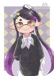  1girl arms_behind_back black_hair black_suit bow-shaped_hair callie_(splatoon) food food_on_head highres inkling long_hair looking_at_viewer mole mole_under_eye momohamster01 multicolored_hair object_on_head purple_hair smile solo splatoon_(series) splatoon_1 star-shaped_pupils star_(symbol) suit symbol-shaped_pupils tentacle_hair 