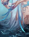  1boy absurdres arms_up back blue_hair blue_nails closed_mouth dragon genshin_impact hands_up highres long_hair male_focus multicolored_hair neuvillette_(genshin_impact) solo streaked_hair topless_male ukropstales very_long_hair water wet white_hair 