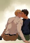  2boys ao_isami black_hair blonde_hair blue_shirt brown_pants closed_eyes couple dorojiai facial_hair from_behind green_pants highres kiss kiss_day lewis_smith male_focus multiple_boys pants profile shirt short_hair sideburns_stubble sitting stubble twitter_username white_shirt yaoi yuuki_bakuhatsu_bang_bravern 