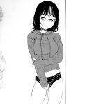  1girl absurdres bad_id bad_pixiv_id black_hair breasts dende_(dndn222) greyscale highres holding_own_arm hood hoodie large_breasts looking_at_viewer medium_hair midriff monochrome no_pants original panties scan scan_artifacts solo standing striped_clothes striped_panties traditional_media underwear 