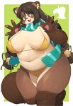  akitaka anthro big_breasts bikini black_hair breasts brown_body brown_fur canid canine clothing eyewear female fur glasses gold_bikini green_eyes green_scarf hair hi_res looking_at_viewer mammal navel open_mouth paws raccoon_dog scarf slightly_chubby slightly_chubby_female smile solo standing swimwear tail tanuki thick_thighs white_body white_fur wide_hips 