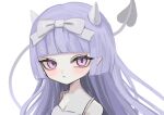  1girl bare_shoulders blunt_bangs bow breasts cleavage closed_mouth demon_girl demon_horns demon_tail hair_bow highres horns long_hair looking_at_viewer original purple_eyes purple_hair shiona_(siona0625) simple_background solo tail upper_body white_background white_bow 