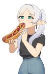  1girl alternate_costume aqua_eyes belt black_belt black_shirt casual contemporary denim food frieren highres holding holding_food hot_dog jeans long_hair pants pointy_ears shirt short_sleeves simple_background solo sousou_no_frieren upper_body white_background white_hair yellow_glasses_(odivichno) 