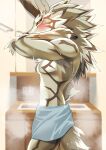 2024 absurd_res anthro bathroom black_sclera blush brown_body brown_fur canid canine canis fur green_eyes hi_res jackal kouga0225 lifewonders looking_at_viewer male mammal seth_(tas) solo striped_body striped_fur stripes tail tokyo_afterschool_summoners towel towel_only wet wet_body wet_fur 