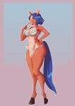 absurd_res anthro beerain blue_hair blue_tail bra clothing equid equine female frilly frilly_bra frilly_clothing frilly_panties frilly_underwear full-length_portrait gradient_background hair hand_on_hip hi_res hooves horse mammal panties portrait simple_background solo tail underwear 