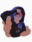  1girl arm_up black_hoodie blue_hair closed_mouth commentary_request glasses grey_eyes half-closed_eyes highres hood hood_up hoodie long_sleeves multicolored_hair penny_(pokemon) poke_ball_print pokemon pokemon_sv red_hair round_eyewear solo tsuruba_(tsu41014812) two-tone_hair upper_body 