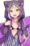  1girl :d absurdres animal_ears baileys_(tranquillity650) bikini black_bikini blunt_bangs blush breasts brown_eyes cat_ears cat_tail grey_hair highres hololive hood hooded_jacket jacket long_hair looking_at_viewer murasaki_shion open_mouth small_breasts smile solo swimsuit tail virtual_youtuber 