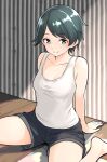  1girl alternate_costume black_hair black_shorts blue_eyes breasts furaggu_(frag_0416) highres indoors kantai_collection mogami_(kancolle) short_hair short_shorts shorts sitting small_breasts smile solo tank_top wariza white_tank_top 