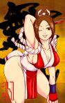  1girl absurdres armpits breasts brown_hair character_name cleavage collarbone fatal_fury hand_fan high_ponytail highres holding holding_fan looking_at_viewer ninja one_eye_closed pelvic_curtain revealing_clothes shihu_zou shiranui_mai smile solo the_king_of_fighters thighs tongue tongue_out yellow_background 
