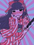  1girl black_eyes black_hair blue_background blush bow empty_eyes feet_out_of_frame floating_hair floral_print_kimono furisode hair_bow hair_in_own_mouth hand_on_own_cheek hand_on_own_face holding holding_knife ichimatsu_suzuka indie_virtual_youtuber japanese_clothes kimono knife long_hair long_sleeves looking_at_viewer nose_blush obi obijime open_mouth outstretched_arm purple_background ran_(rsm0923) red_bow red_kimono sash solo standing striped_clothes striped_kimono sunburst sunburst_background sweat two-tone_background v-shaped_eyebrows virtual_youtuber 