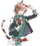  1boy animal_ears animal_hands arm_up bishounen black_jacket brown_hair calico cat_boy cat_ears cat_tail collar collared_shirt commentary_request ensemble_stars! fake_animal_ears gloves green_eyes green_shirt hand_up highres jacket jiz_(pffbq) long_sleeves looking_at_viewer male_focus mam_(ensemble_stars!) mikejima_madara one_eye_closed open_clothes open_jacket open_mouth paw_gloves red_collar shirt short_hair simple_background single_glove solo tail upper_body white_background 