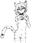  2024 anthro aurora_(spacecamper) blush breasts cheetah clothed clothing collar crop_top felid feline female fingering fingering_self fur greyscale hair hi_res legwear looking_at_viewer mammal masturbation monochrome mostly_nude navel nipples partially_clothed raised_clothing raised_topwear shirt simple_background sketch small_breasts solo spots tail theunnoticedone thigh_highs topwear vaginal vaginal_fingering white_background 
