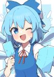  1girl absurdres blue_bow blue_dress blue_eyes blue_hair blush bow breasts cirno collared_shirt commentary_request dress fairy food hair_between_eyes hair_bow highres holding holding_food ice ice_wings miz_(mizillustration) one_eye_closed open_mouth popsicle puffy_short_sleeves puffy_sleeves shirt short_hair short_sleeves small_breasts smile solo touhou upper_body white_shirt wings 