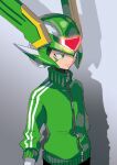  1boy alternate_costume android facial_mark forehead_jewel gradient_background green_eyes green_helmet green_jacket grey_background helmet highres jacket male_focus mega_man_(series) mega_man_zero_(series) sage_harpuia_(mega_man) shadow solo sumomo track_suit upper_body white_background winged_helmet zipper zipper_pull_tab 