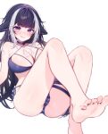  1girl animal_ears ass ass_visible_through_thighs bare_arms bare_legs bare_shoulders barefoot bikini black_hair blue_bikini blue_eyes blush body_markings commentary english_commentary facial_mark feet foot_focus foreshortening highres indie_virtual_youtuber knees_up long_hair miyuchiq multicolored_hair official_alternate_costume orca_girl presenting_foot shylily shylily_(bikini) side-tie_bikini_bottom simple_background sitting soles solo streaked_hair swimsuit thighs toes virtual_youtuber white_background white_hair 