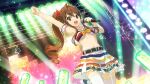  1girl 22/7 22/7_ongaku_no_jikan alternate_hair_ornament arm_up belt black_belt brown_eyes brown_hair clenched_hand concert cowboy_shot dutch_angle from_below game_cg glowstick hair_ribbon high_side_ponytail highres holding holding_microphone idol idol_clothes leg_up lens_flare light_particles long_hair looking_at_viewer microphone navel non-web_source official_art open_mouth outstretched_arm pleated_skirt red_ribbon ribbon sailor_collar skirt smile solo sparkle stage_lights standing standing_on_one_leg teeth thighhighs toda_jun upper_teeth_only white_sailor_collar white_thighhighs yellow_ribbon 