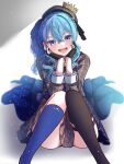  1girl beret black_gloves black_thighhighs blue_eyes blue_hair blue_thighhighs dress gloves grey_dress grey_hat hat highres hololive hoshimachi_suisei hoshimachi_suisei_(1st_costume) kimura_mitsuki long_hair looking_at_viewer open_mouth partially_fingerless_gloves smile solo star_(symbol) star_in_eye striped_clothes striped_dress symbol_in_eye thigh_strap thighhighs vertical-striped_clothes vertical-striped_dress virtual_youtuber 