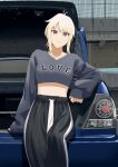  1girl absurdres black_pants blonde_hair car collarbone commentary_request cropped_sweater grey_sweater highres long_sleeves looking_at_viewer love_live! love_live!_nijigasaki_high_school_idol_club medium_hair midriff miyashita_ai motor_vehicle orange_eyes pants ponytail s_sho_mkrn sidelocks sleeves_past_wrists solo sweater toyota toyota_altezza upper_body 