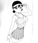  1girl absurdres bad_id bad_pixiv_id black_hair breasts cleavage collarbone dende_(dndn222) earrings facing_viewer greyscale highres jewelry large_breasts light_smile looking_at_viewer monochrome original scan scan_artifacts skirt solo standing tank_top thighs traditional_media visor_cap 