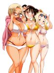  3girls ;q bikini blonde_hair blush breasts brown_hair choppy_bangs cleavage commentary_request double_bun eyewear_on_head feet_out_of_frame flower frilled_bikini frills front-tie_bikini_top front-tie_top gradient_hair grin hair_bun hair_flower hair_ornament hand_up heart heart-shaped_eyewear hibino_misuzu highres inukai_koharu jacket jacket_on_shoulders kijitani_ayano large_breasts long_hair looking_at_viewer medium_breasts multi-strapped_bikini_bottom multicolored_hair multiple_girls navel one_eye_closed orange_eyes pink_bikini pink_jacket rectangular_eyewear removing_eyewear short_hair side-tie_bikini_bottom simple_background small_breasts smile sogabe_toshinori split_mouth sunglasses swimsuit tongue tongue_out v white_background white_bikini yankee_jk_kuzuhana-chan yellow_bikini yellow_eyes 