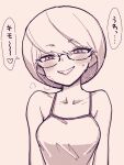  1girl blush breasts breath camisole eisu-chan_(eisu) eisu_(eith) eyelashes glasses greyscale grin heavy_breathing highres lips medium_breasts monochrome original short_hair simple_background smile sweat swept_bangs teeth white_background 