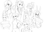  6+girls aeon_(skullgirls) annie_(skullgirls) bare_shoulders bloody_marie_(skullgirls) braid breasts chinese_clothes cleavage d._violet eu03 eyepatch feng_(skullgirls) glasses greyscale hood horn large_breasts leduc_(skullgirls) maid mask monochrome multiple_girls scythana sketch skullgirls twin_braids twintails venus_(skullgirls) 