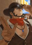 1boy absurdres adjusting_clothes adjusting_headwear artist_name bara beard black_hair brown_eyes brown_hat brown_vest chest_hair collared_shirt cowboy cowboy_hat crave_saga facial_hair grin hair_between_eyes hat highres i_shiawase jewelry joe_(crave_saga) male_focus muscular muscular_male neckerchief necklace partially_unbuttoned pectoral_cleavage pectorals red_neckerchief salute shirt short_hair smile solo two-finger_salute vest white_shirt 