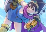  1girl absurdres bare_shoulders bent_over black_eyes black_hair breasts cape dragon_quest dragon_quest_iii dress gloves green_dress heroine_(dq3) highres holding holding_shield holding_sword holding_weapon large_breasts no_pants orange_gloves purple_cape shield solo strikebeagle sword tiara weapon 
