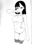  1girl absurdres bad_id bad_pixiv_id black_hair collarbone dende_(dndn222) greyscale hand_on_own_cheek hand_on_own_face highres horizontal-striped_thighhighs looking_to_the_side medium_hair monochrome one-piece_swimsuit open_mouth original scan scan_artifacts solo standing swimsuit traditional_media 