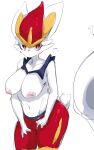 absurd_res anthro areola biped breasts cinderace female fur generation_8_pokemon hi_res menyang nintendo nipples pokemon pokemon_(species) red_eyes short_tail solo tail white_body white_fur