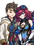  1boy 1girl blue_eyes breasts brown_hair butterfly_wings circlet couple facial_mark fairy fairy_wings fire_emblem fire_emblem_heroes gloves gold_trim gradient_clothes gradient_flower grimaisbestwaifu hair_vines hetero hood hood_down hooded_robe insect_wings kiran_(fire_emblem) kiran_(male)_(fire_emblem) ko-fi_commission large_breasts leather leather_gloves official_alternate_costume official_alternate_hairstyle plant plant_hair robe thorns triandra_(fire_emblem) vines white_robe wings yellow_eyes 