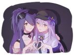  2girls acheron_(honkai:_star_rail) alternate_costume black_choker black_swan_(honkai:_star_rail) choker collarbone earrings eyewear_on_head hair_over_one_eye hat heart heart_hands highres honkai:_star_rail honkai_(series) jewelry light_smile long_hair multicolored_eyes multicolored_hair multiple_girls off_shoulder purple_eyes purple_hair shirt simple_background streaked_hair sunglasses white_shirt wokezhenshuaina yellow_eyes 