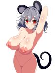  1girl :o absurdres animal_ears arm_up armpits blush breasts commentary_request completely_nude cowboy_shot double-parted_bangs eyelashes grey_hair highres large_areolae large_breasts looking_at_viewer medium_hair mouse_ears mouse_tail navel nazrin nipples nude open_mouth pussy red_eyes shiny_skin slit_pupils solo ssaf52913778 standing tail touhou white_background 