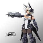  1girl aiming animal_ears commentary_request gradient_background grey_background grey_hair gun headgear highres kumichou_(ef65-1118-ef81-95) mecha_musume mechanical_arms mechanical_ears mechanical_legs original playboy_bunny rabbit_ears red_eyes short_hair solo submachine_gun translation_request weapon 