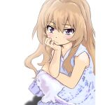  1girl aisaka_taiga blush brown_eyes brown_hair closed_mouth commentary dress hair_between_eyes head_rest highres long_hair looking_at_viewer mizumori_keiichi simple_background sleeveless sleeveless_dress solo squatting toradora! white_background white_dress 