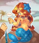  1boy 1girl absurdres big_hair blue_eyes blue_nails blush breasts brown_hair covering_breasts covering_privates embarrassed hair_ornament highres holding holding_clothes holding_swimsuit jewelry link long_hair medium_breasts mermaid_(link&#039;s_awakening) navel necklace nipples nose_blush one_eye_closed onimiere open_mouth outdoors palm_tree pearl_necklace rock sitting star_(symbol) star_hair_ornament swimsuit the_legend_of_zelda the_legend_of_zelda:_link&#039;s_awakening topless tree unworn_bikini_top 